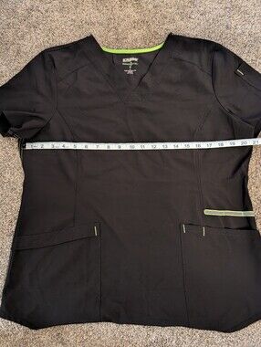 Women's Scrubstar Black V-Neck Scrub Top with Lime Green Trim EUC Size Medium